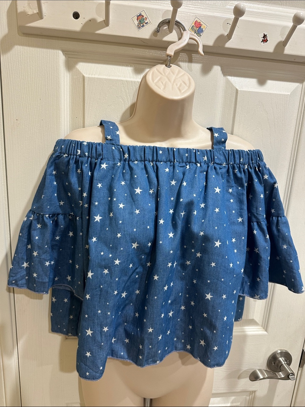 See You Monday Blue Star Print Off-Shoulder Tank